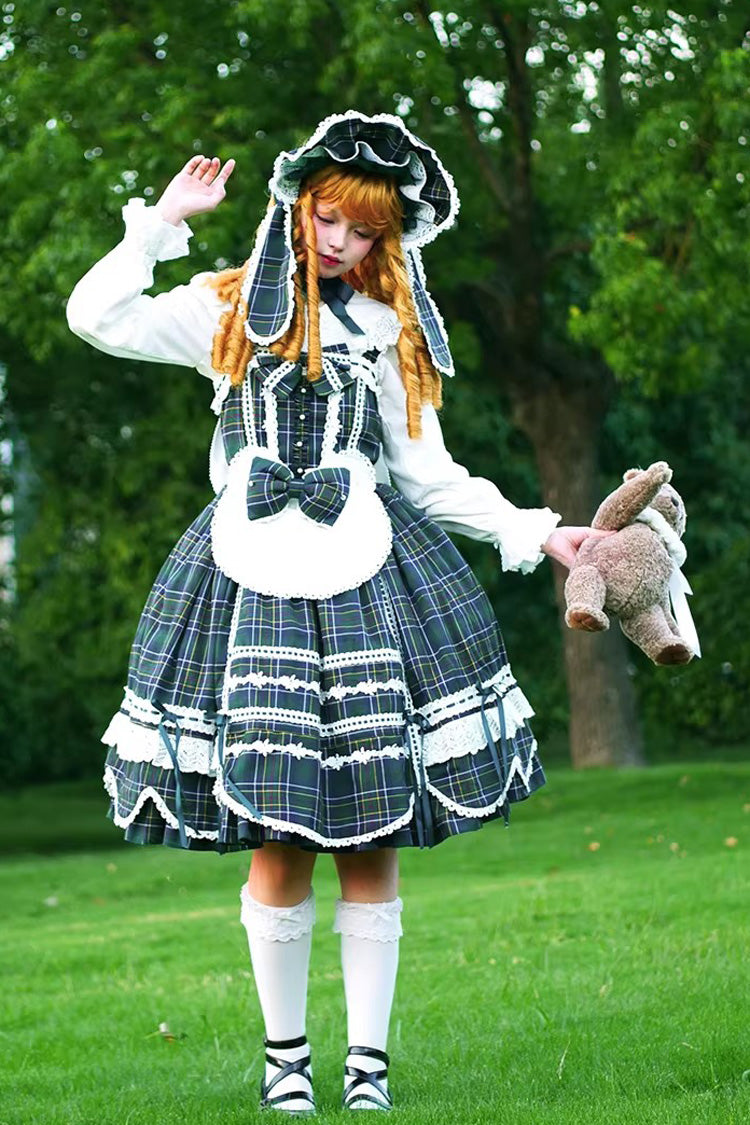 Green Gingham Petal Bunny Printed Ruffled Bow Sweet Lolita Jsk Dress