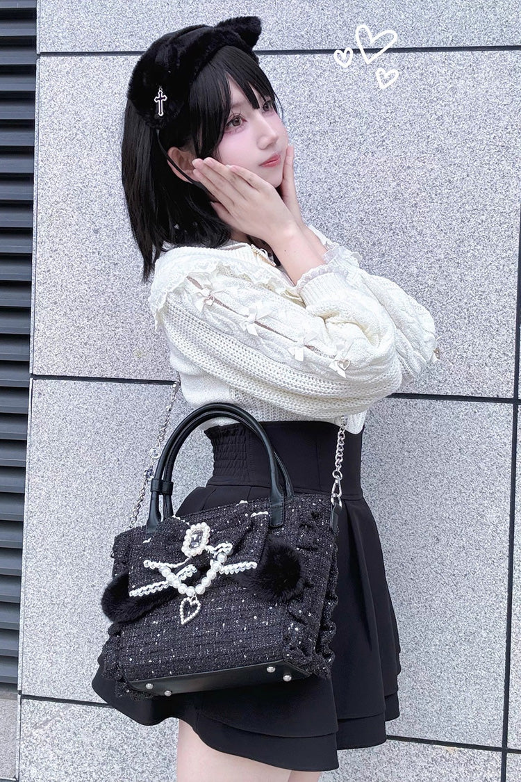 Sweet Ruffle Bowknot Zipper Pearl Chain Japanese Lolita Handbag 4 Colors
