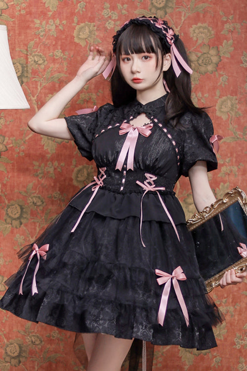 Stand Collar One Button Bubble Short Sleeve Lace Hem Sweet Lolita Dress
