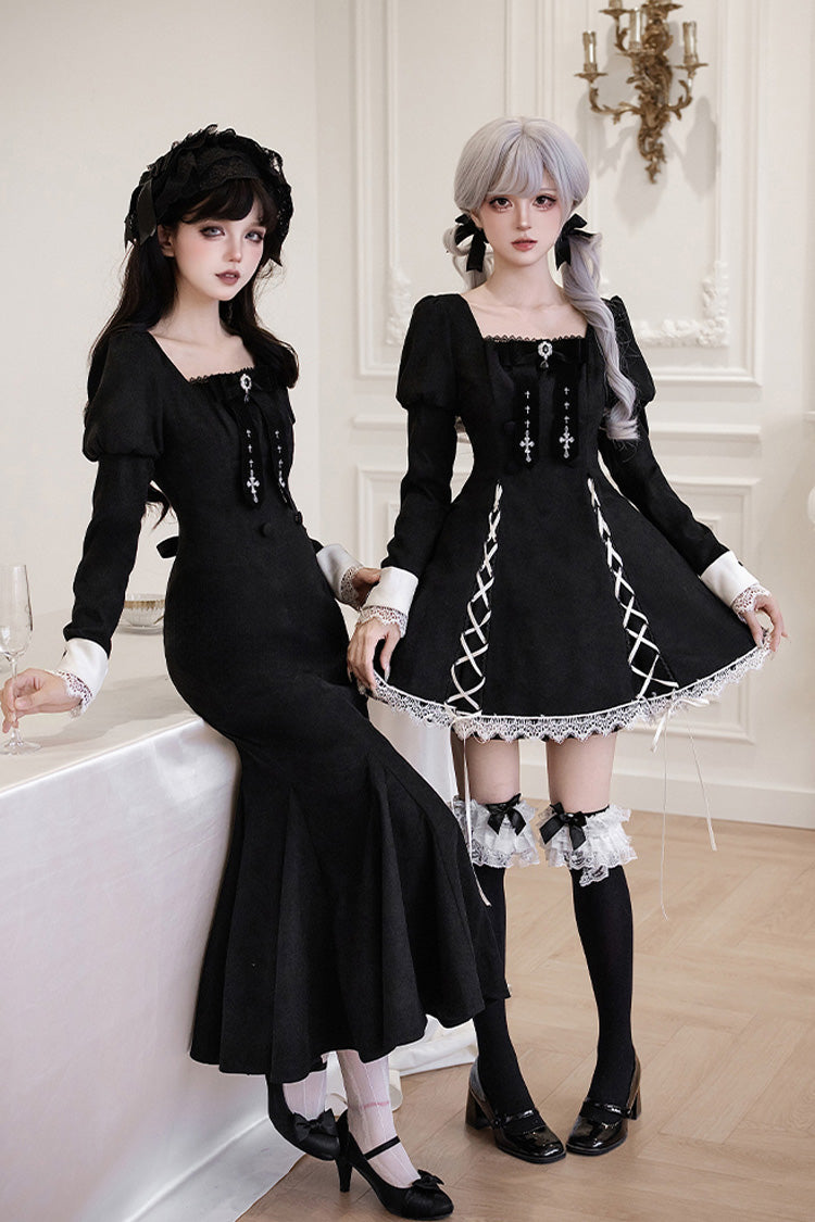 Black/White Rose Doll Square Collar Long Sleeves Bowknot Lace-Up Gothic Lolita Dress Set 2 Versions
