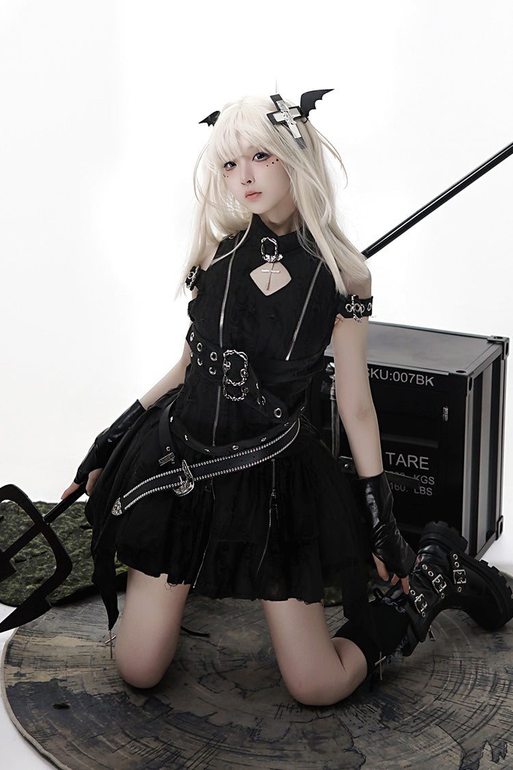 Black Hunter Stand Collar Off Shoulder Ruffle Embroidery Zipper Gothic Lolita Dress