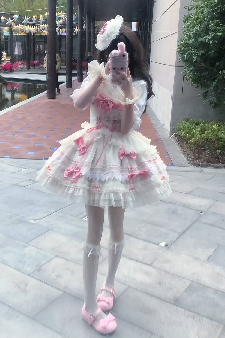 Apricot/Pink Prelude to Spring Song Sleeveless Multi-Layered Ruffle Bowknot Lace Sweet Princess Ballet Lolita Jsk Dress