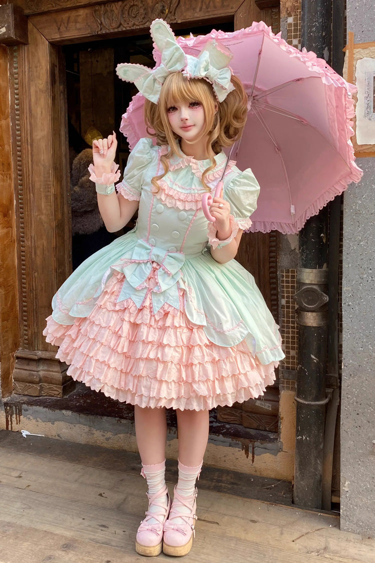 Pink/Green Honeydew Melon Parfait Short Sleeves Multi-Layered Ruffle Bowknot Sweet Lolita Dress