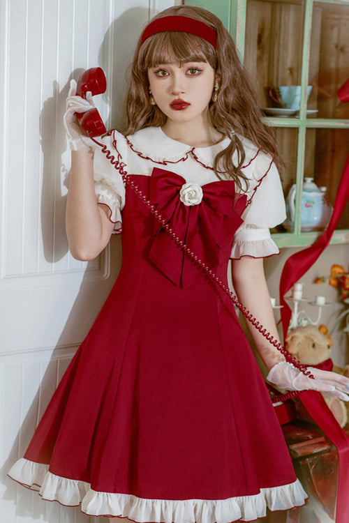 Red Camellia Ruffled Doll Collar Puff Sleeves Sweet Lolita Dress