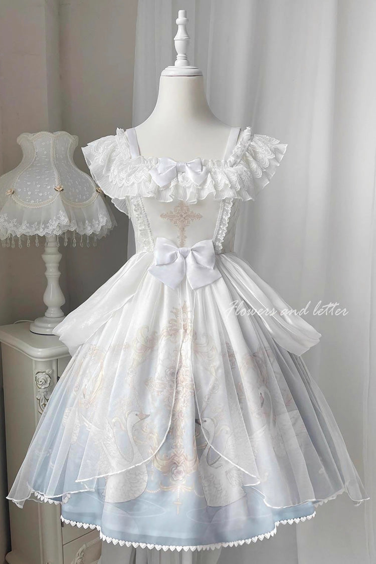White/Blue Flower and Letter Swan Lake Print Ruffle Bowknot Elegant Lolita Jsk Dress