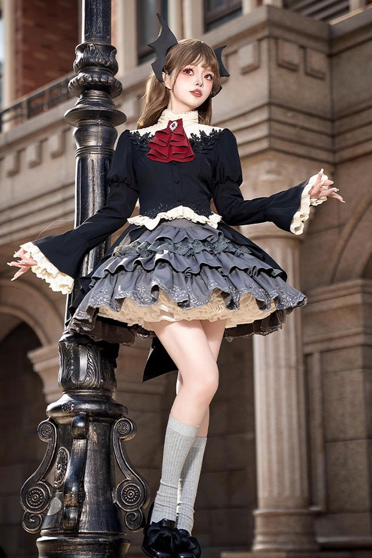 Black Eternal Night Feast Multi-Layered Ruffle Lace Gothic Princess Lolita Top and Skirt Set