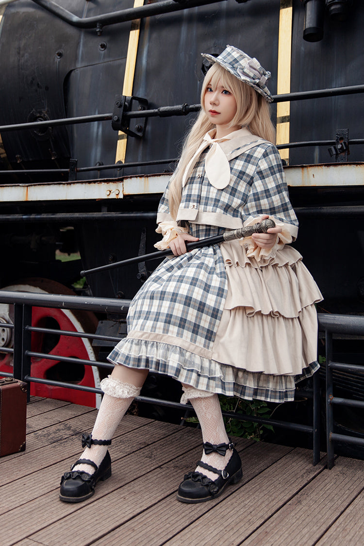 Grey/Blue Morning Tune Sleeveless High Waisted Print Ruffle Asymmetric Sweet Lolita Strap Dress