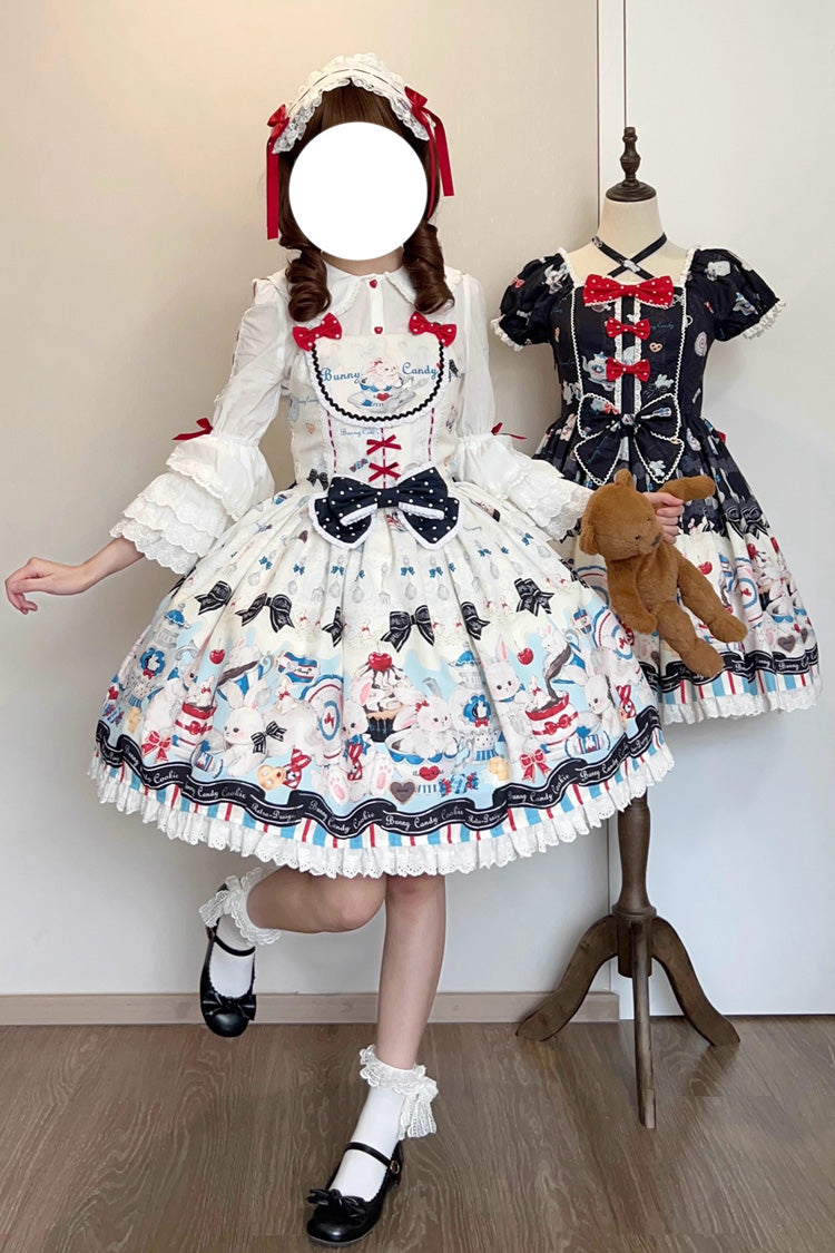 Beige Mystery Rabbit Tea Party Sleeveless Print Ruffle Bowknot Lace Sweet Lolita Jsk Dress