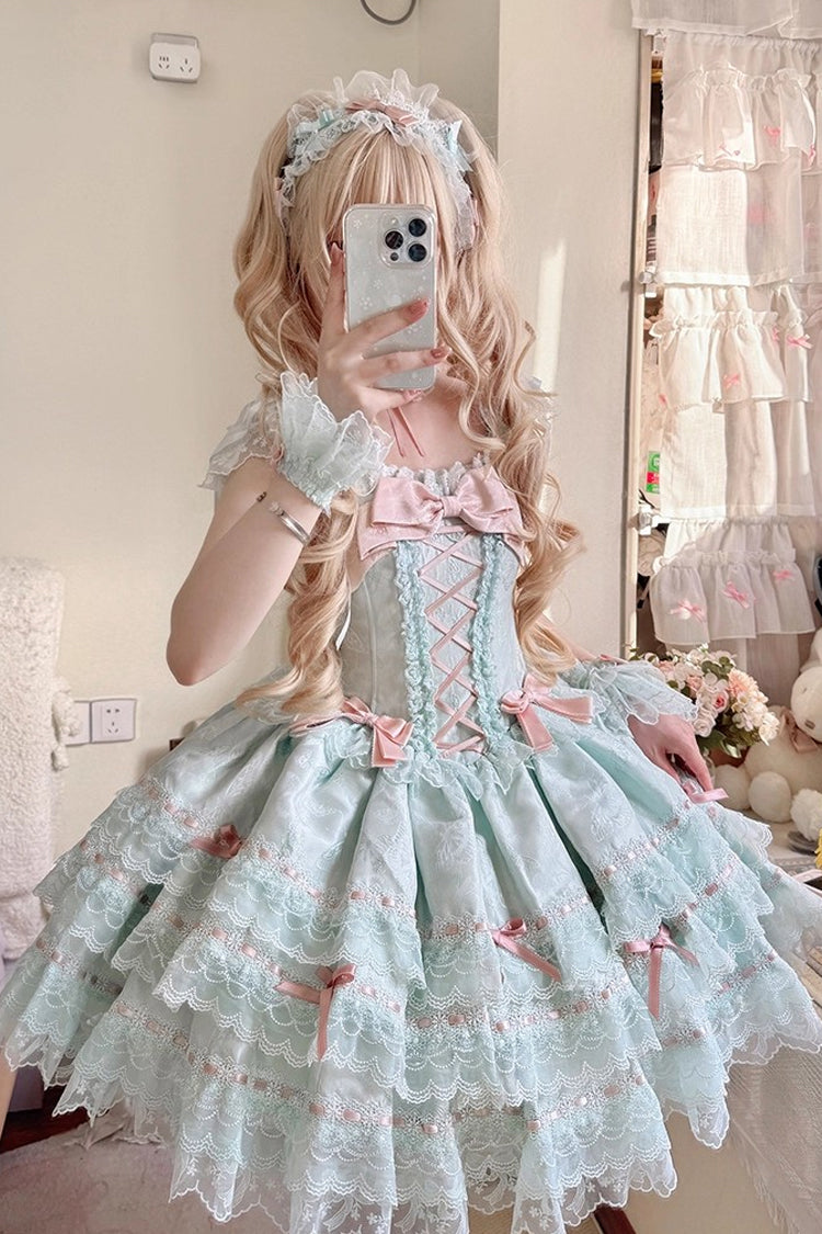 Green Flora Isle Butterfly Sleeveless Ruffle Bowknot Lace Lace-Up Sweet Elegant Lolita Jsk Dress