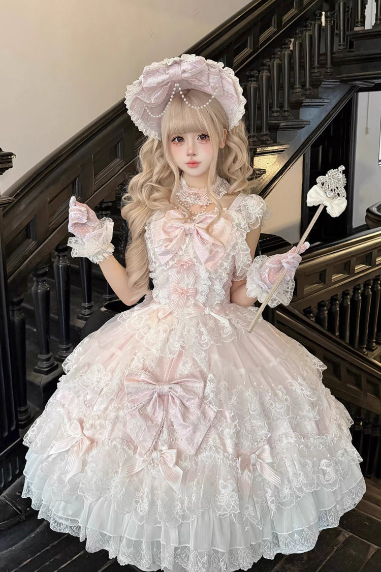 Pink Sakura Dream Romance Sleeveless Multi-Layered Ruffled Hanayome Bow Lace Sweet Princess Lolita Jsk Dress