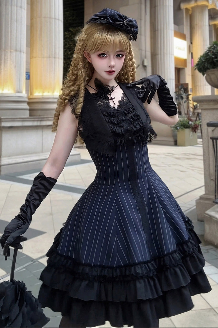 Escape Double-Layered Jacquard Striped Printed Ruffled Slim Gothic Lolita Jumper Dress 3 Colors