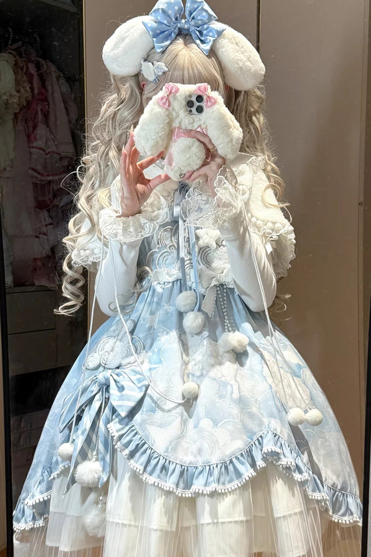 Blue Cloud Dreamland Cut-Out Embroidered Bow Lace Asymmetric Sweet Elegant Lolita Jsk Dress Set