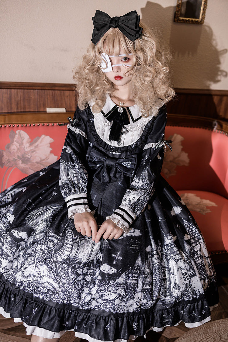 Black Castle Night Print Long Sleeves Ruffle Bowknot Gothic Lolita Dress