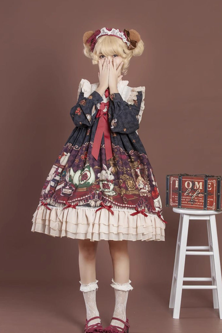 Rabbit and Bear Feast  Long Sleeves Multi-Layered Print Ruffle Bowknot Sweet Lolita Dress 2 Colors