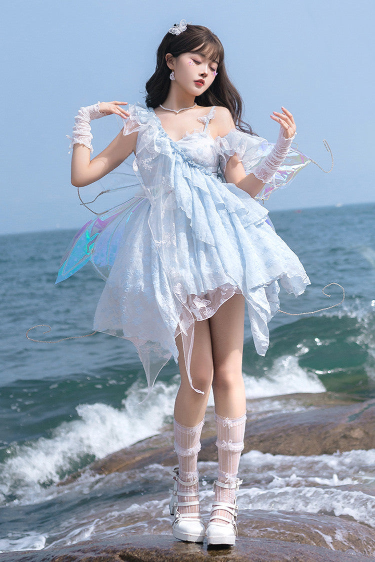 Blue Summer of Bubbles Sleeveless Ruffle Embroidery Lace Irregular Short Sweet Lolita Jsk Dress