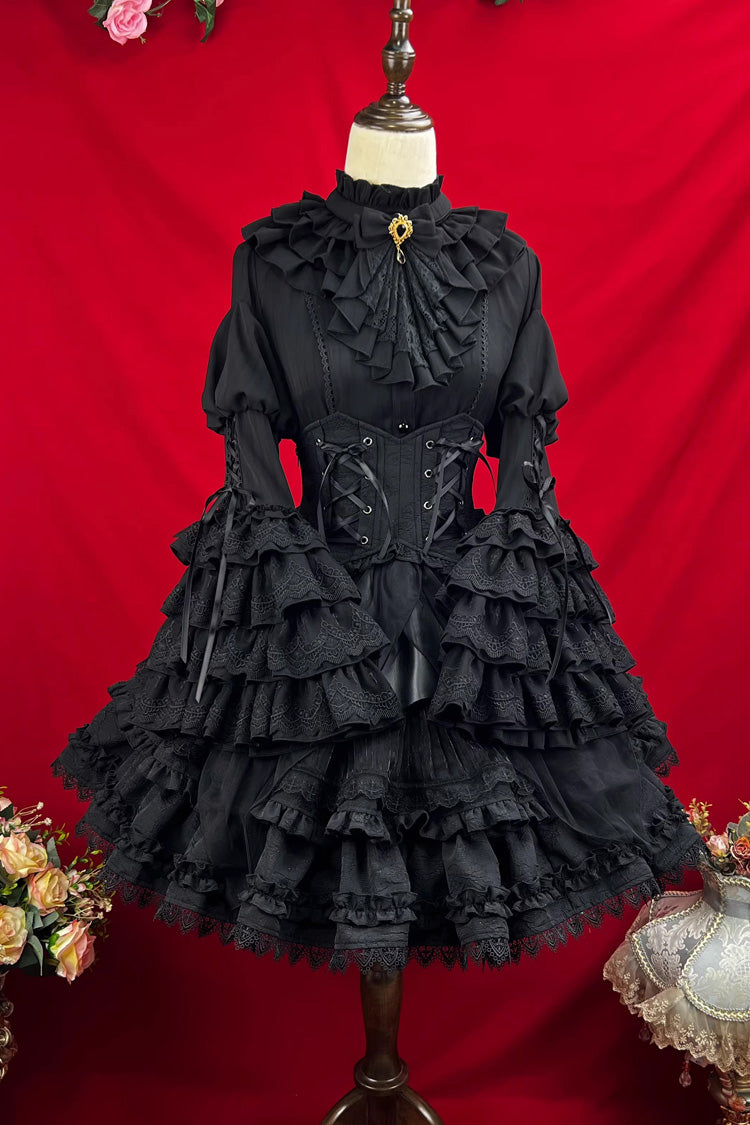 Black The Angel of Good and Evil Multi-Layered Ruffled Lace Gothic Elegant Lolita Skirt (Corset Belt Included)