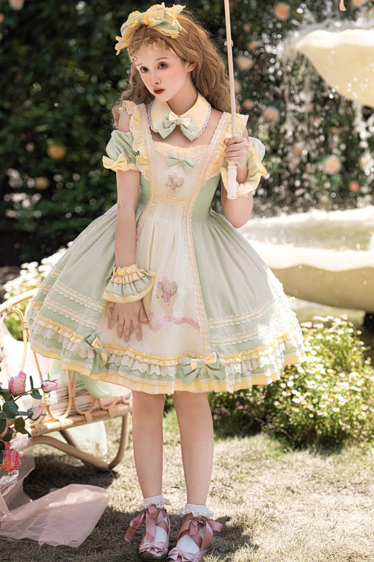 Green Short Sleeves Tulip Print Ruffle Bowknot Sweet Lolita Dress