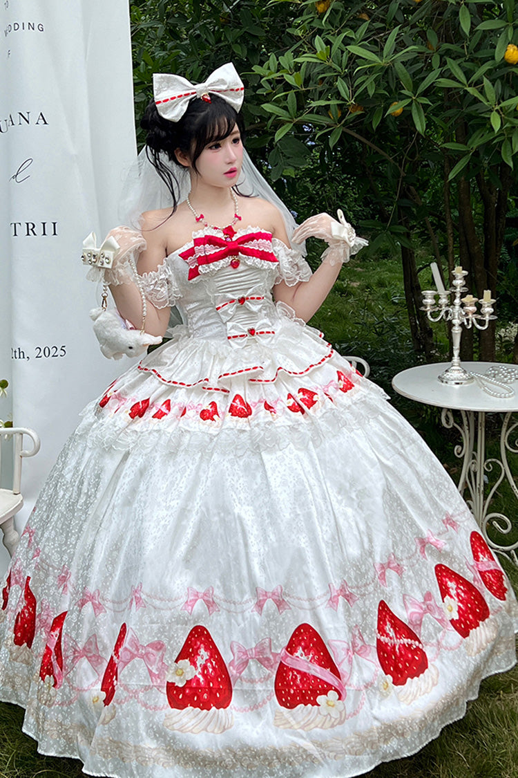 White True Love Strawberry Print Off Shoulder Sleeveless Ruffle Bowknot Lace Sweet Princess Lolita Dress Set