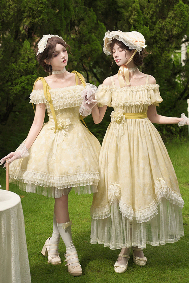 Yellow Falling Flowers as a Message Square Collar Short Sleeves Print Ruffle Lace Sweet Elegant Lolita Long Dress