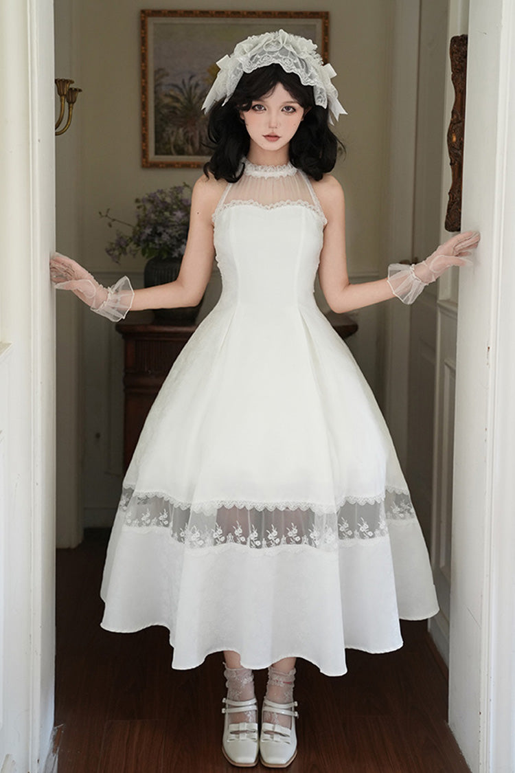 White Flowers in the Mist Off Shoulder Halterneck Print Ruffle Gothic Elegant Lolita Dress