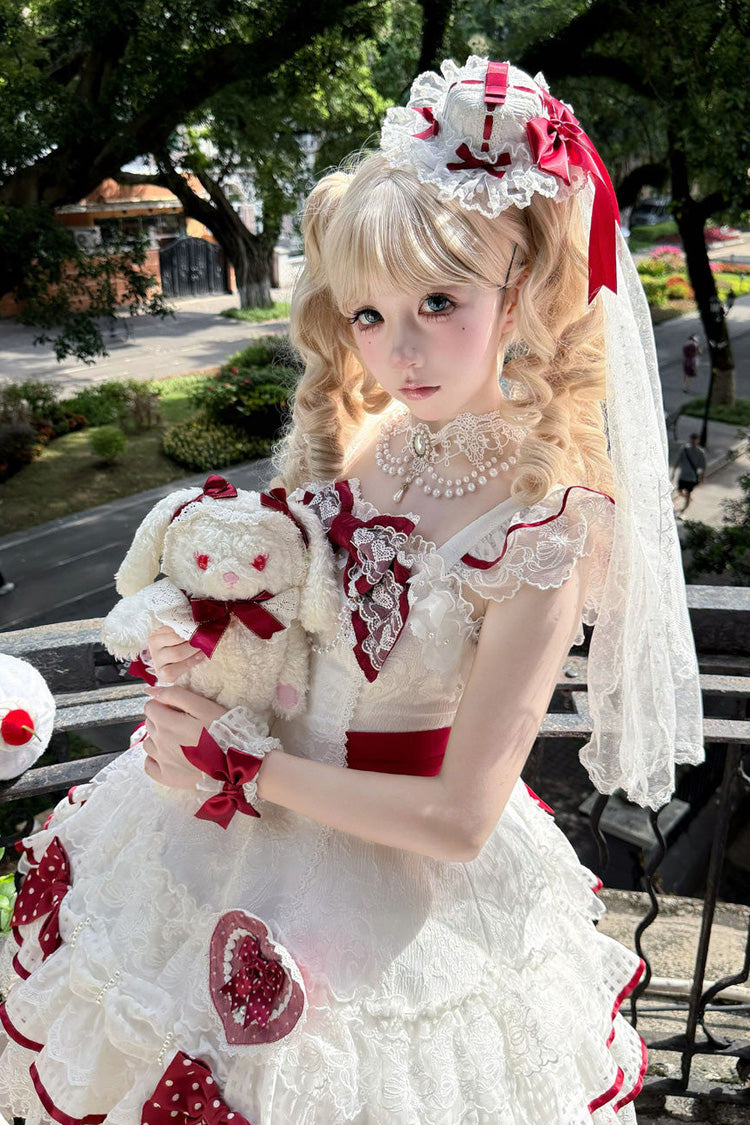 White Polka-Dot Love Letter Sleeveless Double-Layered Bowknot Lace Pearl Sweet Lolita Jsk Dress