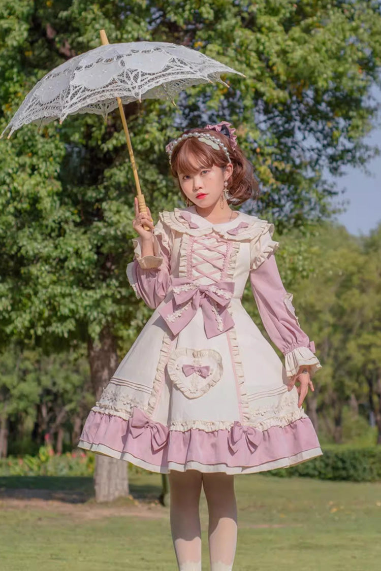 Pink/White Little Florist Long Sleeves Ruffle Bowknot Lace-Up Sweet Plus Size Princess Lolita Dress
