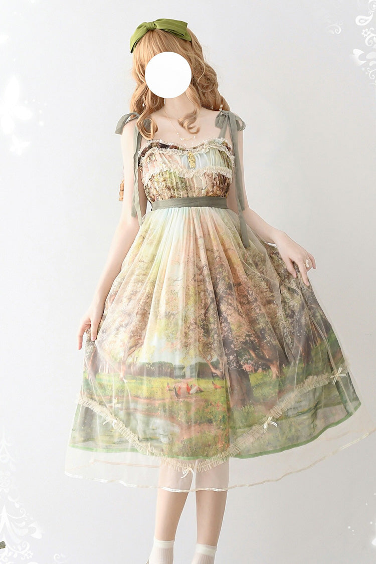 Green Oil Painting – Spring Sleeveless Print Ruffle Bowknot Lace Sweet Lolita Jsk Dress