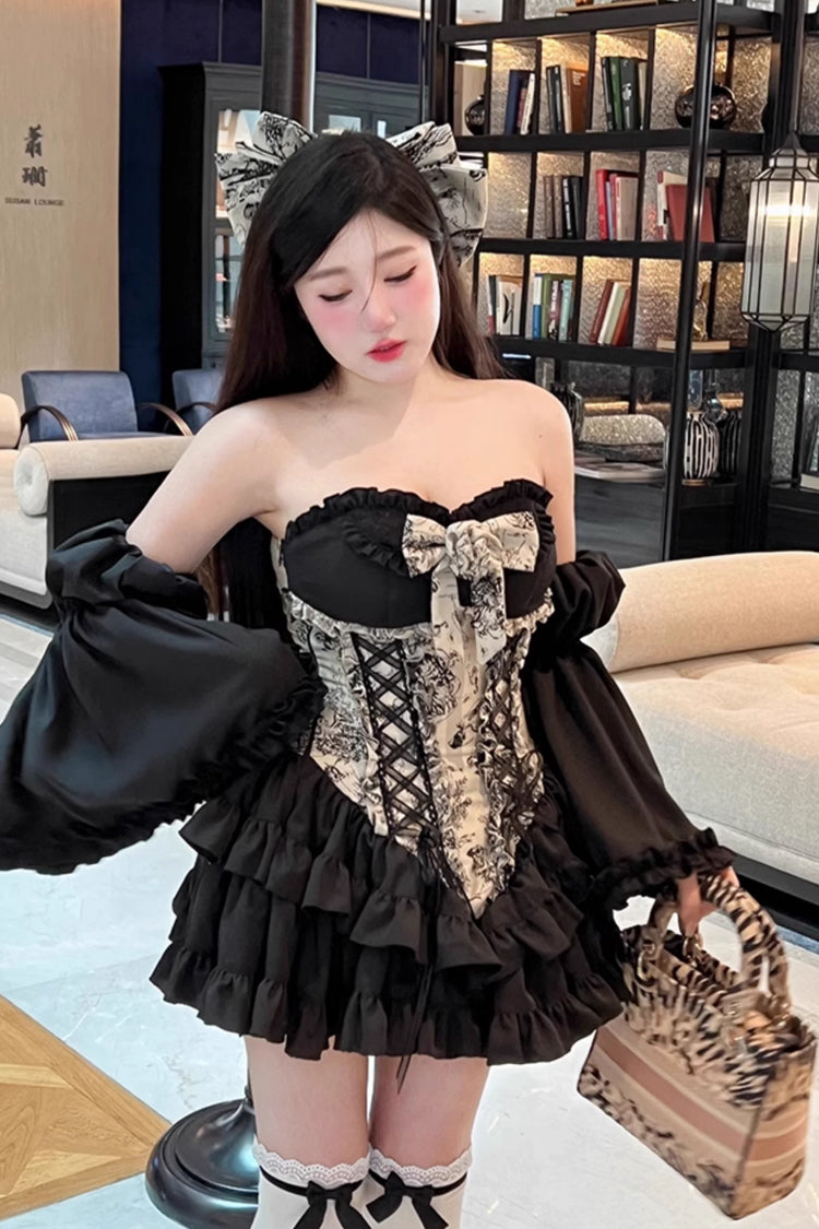 Black Gentle Treasure Print Ruffle Embroidery Bowknot Gothic Princess Lolita Strapless Dress