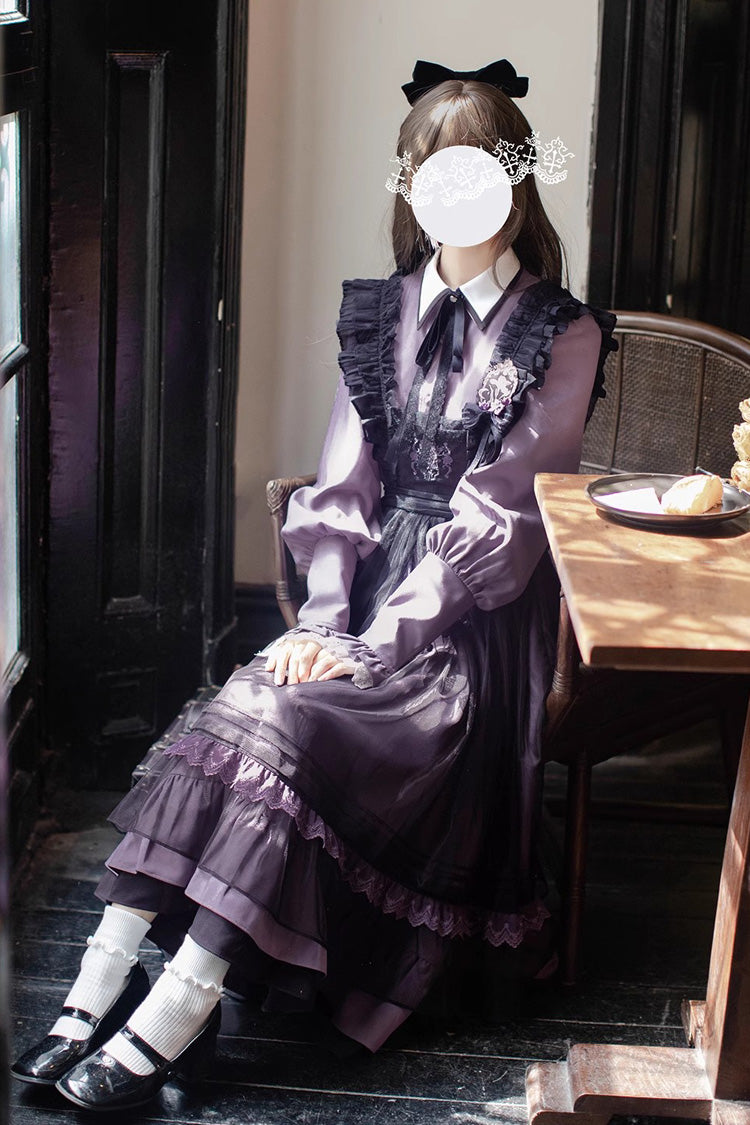 Black Witch Academy Double-Layered Ruffle Embroidery Bowknot Mesh Sweet Elegant Lolita Jumper Dress