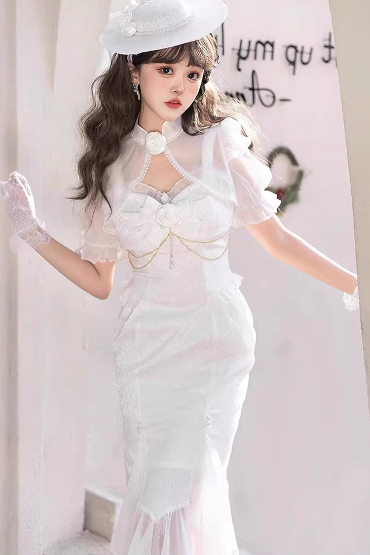 White Camellia 1.0 Sleeveless Jacquard Ruffle Lace Sweet Chinese Style Lolita Jsk Fishtail Dress
