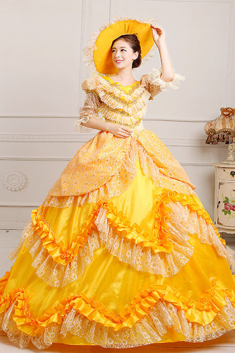 Yellow High Waisted Ruffled Multi-Layer Lace Stitching Victorian Lolita Prom Dress