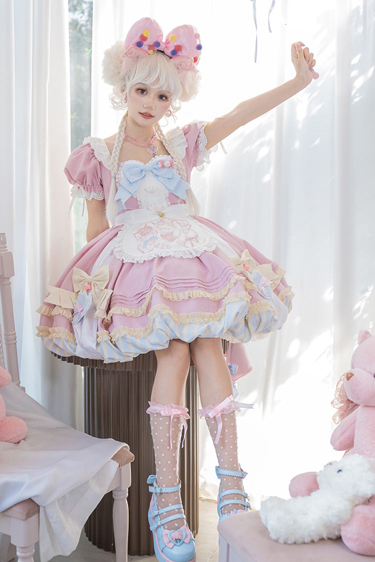 Pink Short Sleeves Print Ruffle Bowknot Lace-Up Sweet Princess Lolita Dress Set