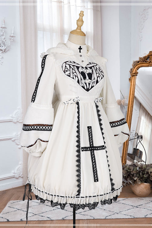 Beige Detachable High Neck Woolen Cuffs Demon Rabbit Gothic Lolita OP Dress