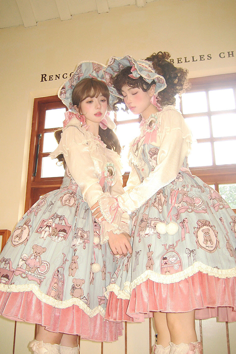 Pink/Green Bear Doll Wall Print Ruffle Embroidery Bowknot Sweet Corset Lolita Jsk Dress