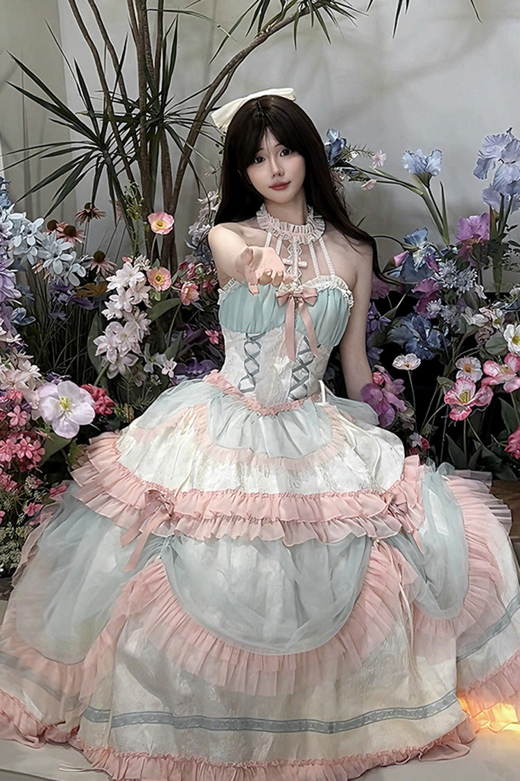 Multi-Color Mermaid Halterneck Ruffle Bowknot Lace Lace-Up Sweet Lolita Dress