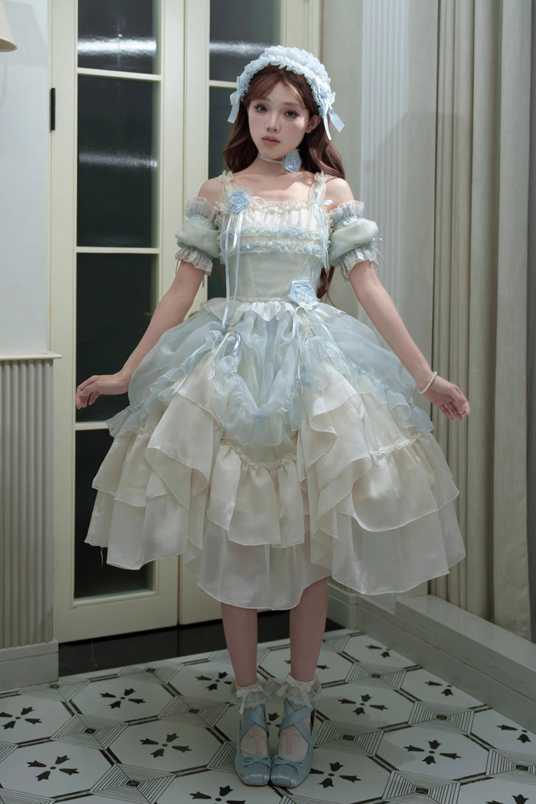 Goodnight Camellia Sleeveless Ombre Multi-Layered Printed Ruffled Lace Fishbone Sweet Lolita Jsk Dress 3 Colors