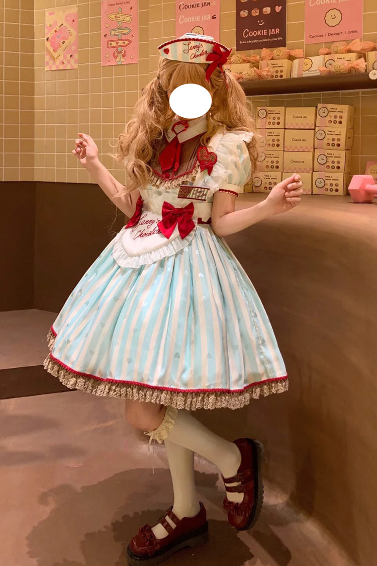 Green Jenny's Chocolate Short Sleeves Vertical Stripes Print Ruffle Bowknot Sweet Lolita Dress