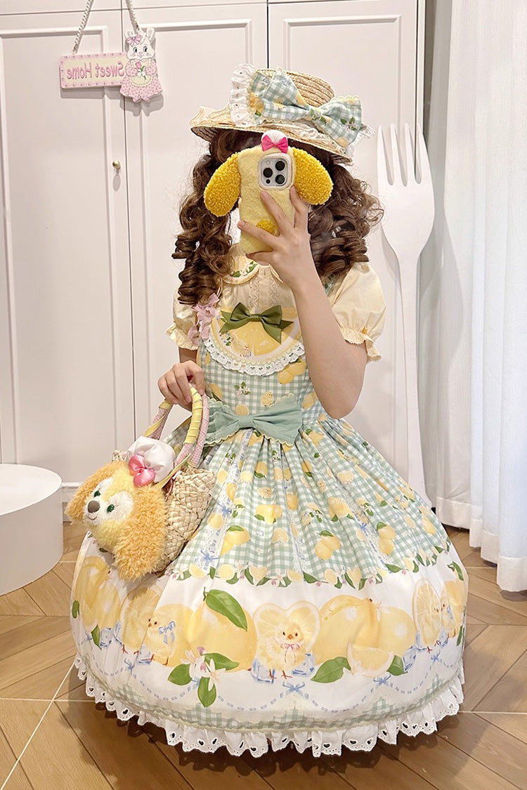Green Lemon Chicken Print Ruffle Bowknot Lace Sweet Lolita Jsk Dress