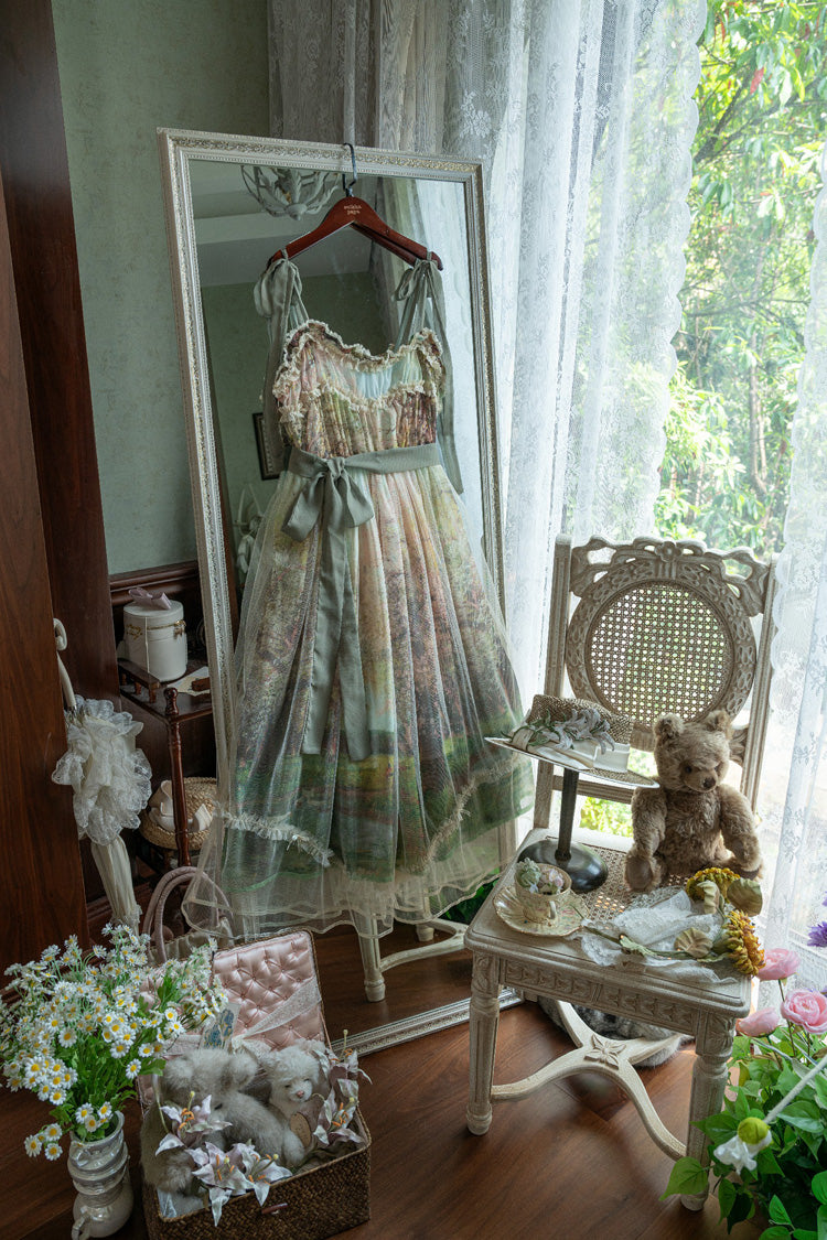 Green Oil Painting – Spring Sleeveless Print Ruffle Bowknot Lace Sweet Lolita Jsk Dress
