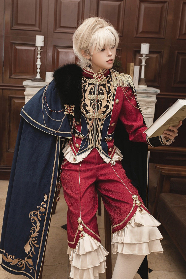 Red/Blue Royal Glory Stand Collar Long Sleeves Ruffled Embroidered Gothic Vintage Prince Palace Ouji Lolita Set
