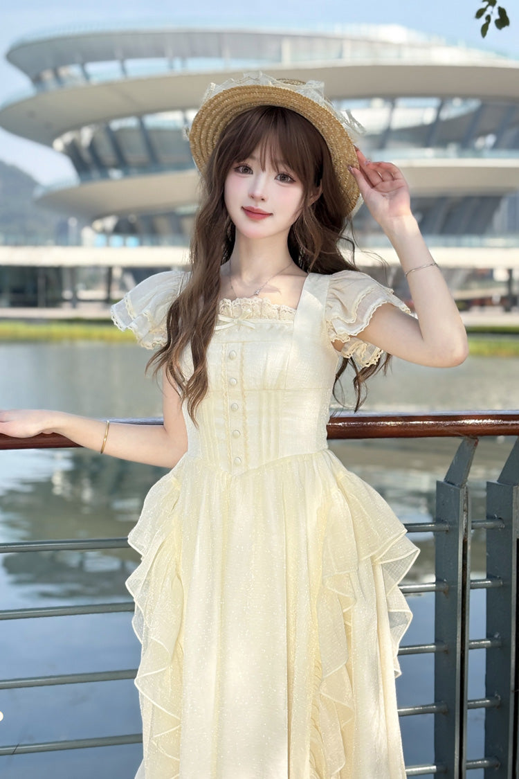 Apricot Moonlight Beach Square Collar Short Sleeves Ruffle Sweet Lolita Dress