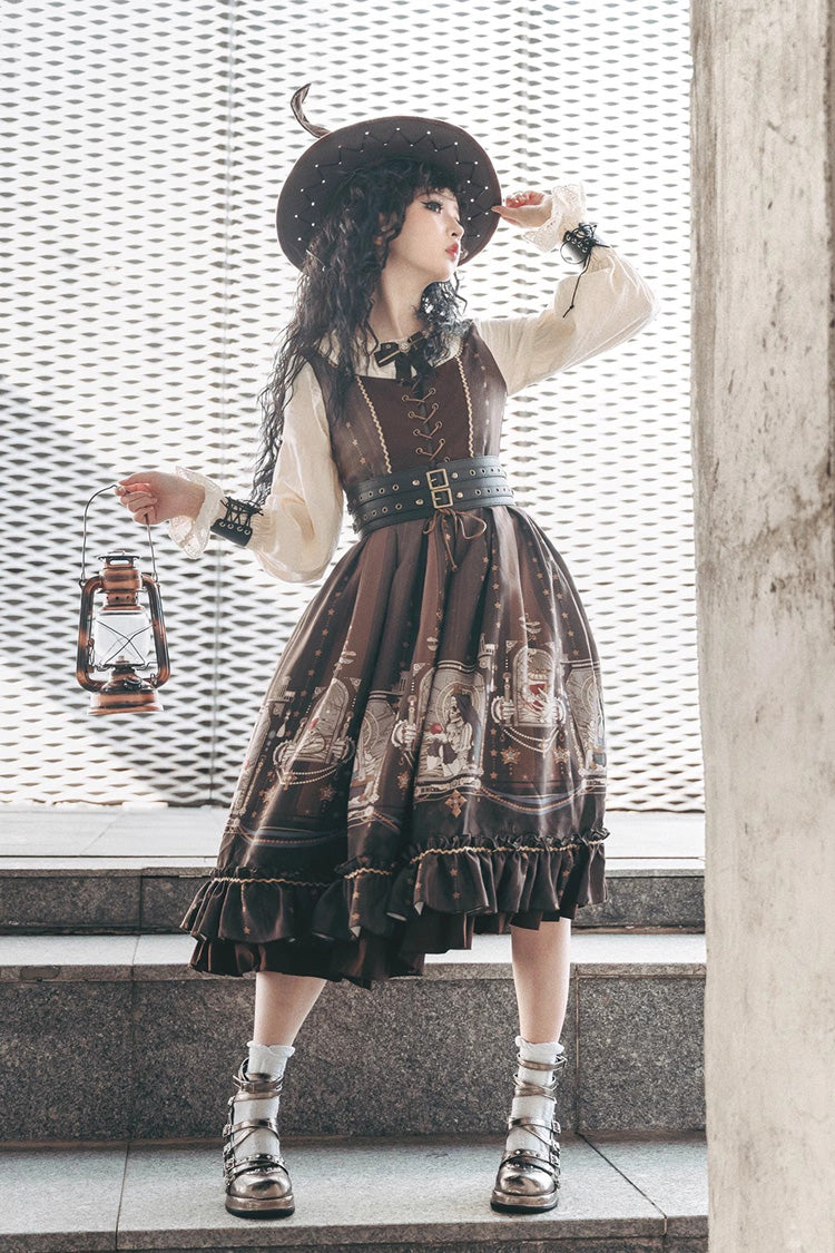 Demon Hunting Notes Long Lantern Sleeves Print Ruffle Sweet Elegant Lolita Dress 2 Colors