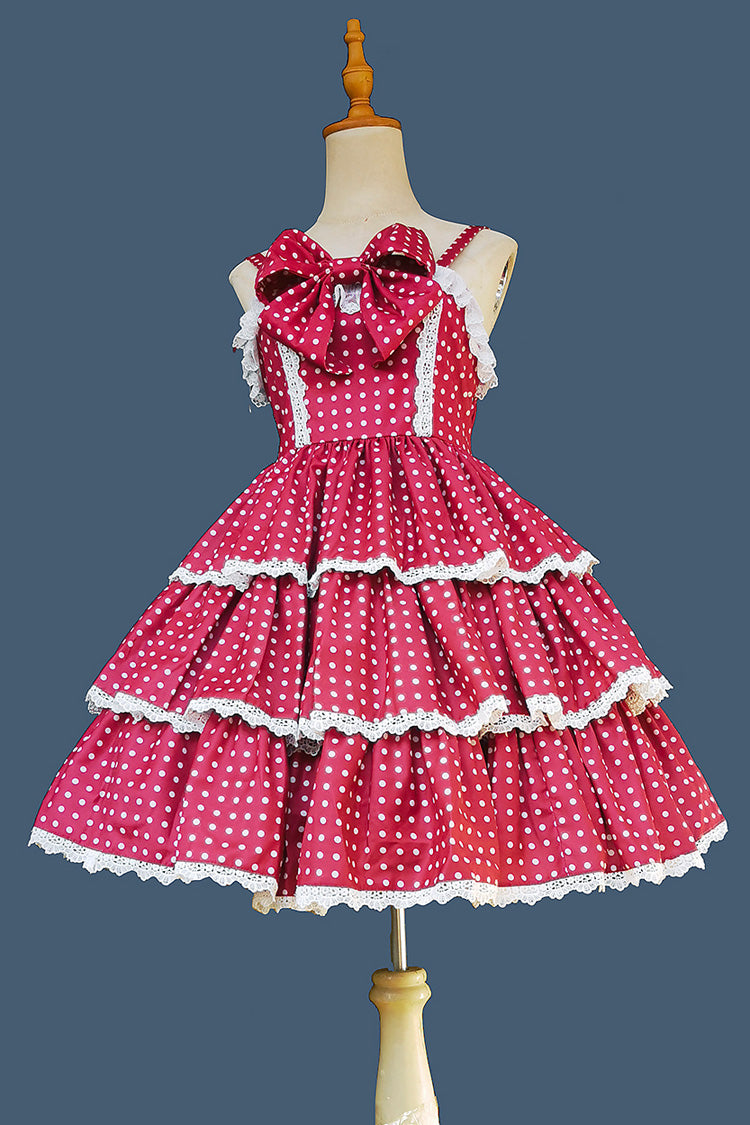 Red Cloth Cat Triple-Layered Polka Dots Print Ruffle Bowknot Sweet Lolita Dress