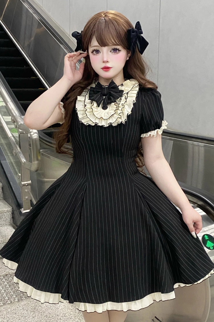 Black Short Sleeves Stripe Print Ruffle Bowknot Sweet Plus Size Maid Lolita Dress