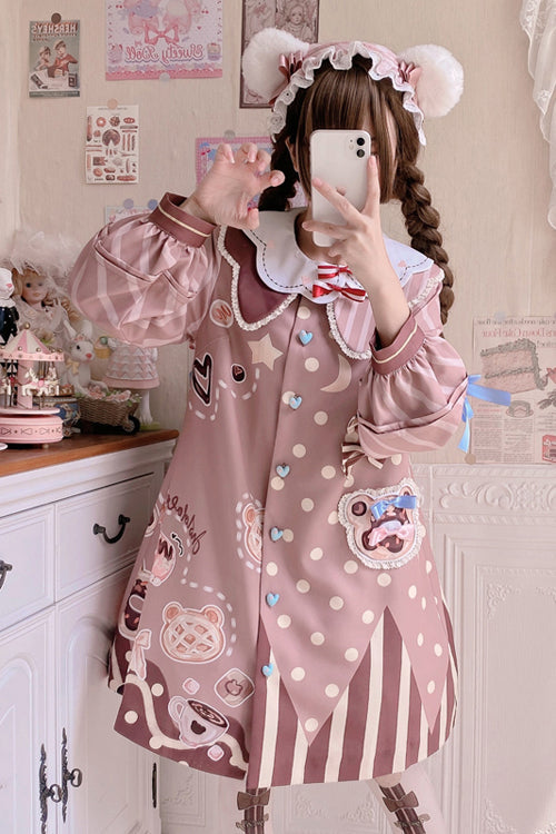Pink Doll Lapel Collar Single Breasted Lantern Long Sleeves Bear Print Sweet Lolita OP Dress
