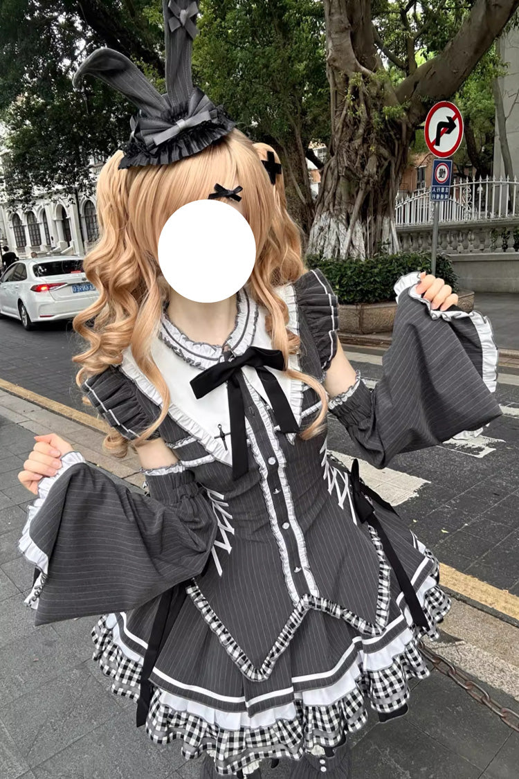 Black Berlin Covenant Detachable Sleeves Hime Sleeves Print Ruffle Bowknot Lace-Up Gothic Lolita Dress Set
