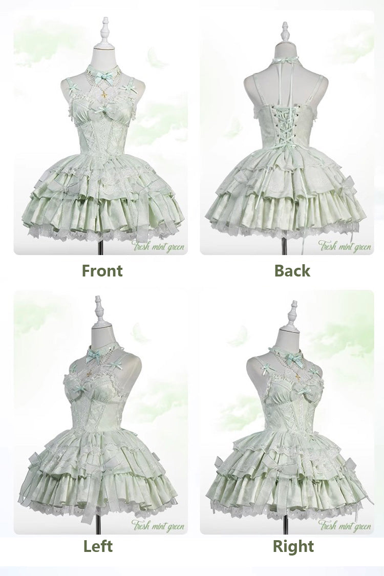 Light Green Halterneck Double-Layered Jacquard Ruffle Bowknot Lace Sweet Ballet Lolita Jsk Dress