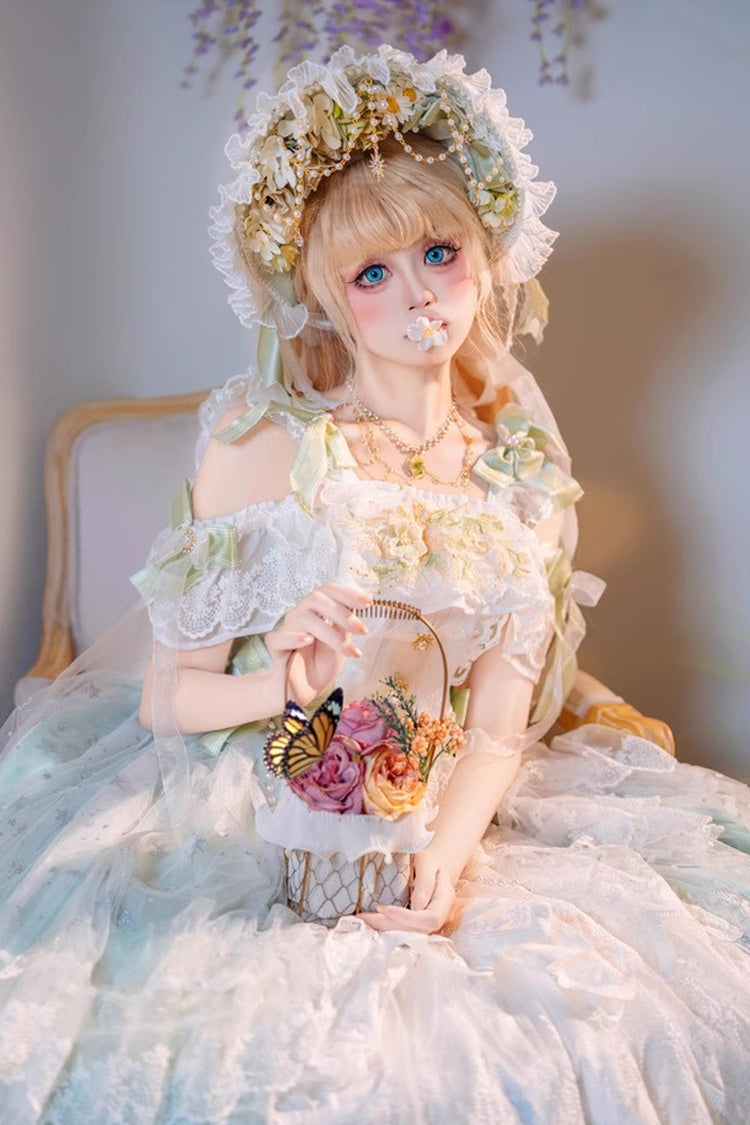 Green Glazed Phantom Off Shoulder Ruffle Hanayome Bowknot Lace Sweet Elegant Lolita Dress