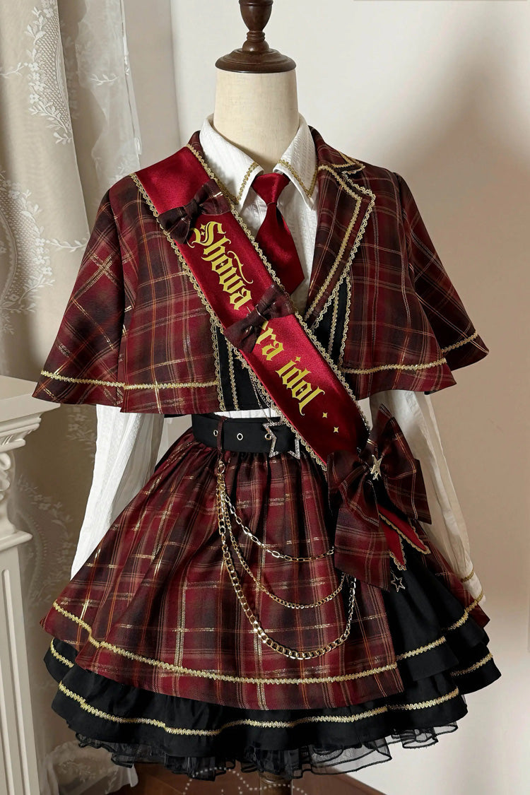 Red Shōwa Little Idol Lapel Collar Long Sleeves Ruffled Open-Front Bow Asymmetric Classic Lolita Skirt Set