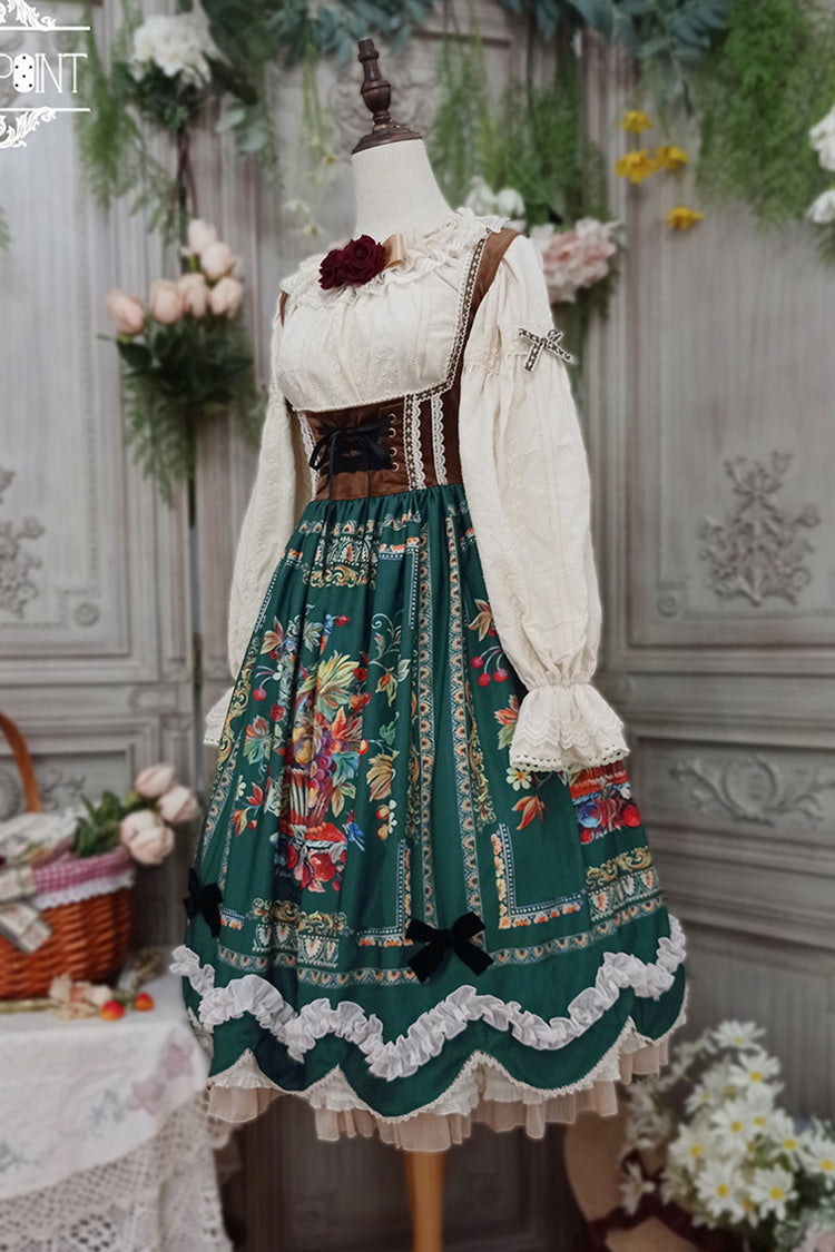 Green Ode to Plenty Berries and Birds Print Ruffle Bowknot Velvet Classic Lolita Breast Support Jsk Dress